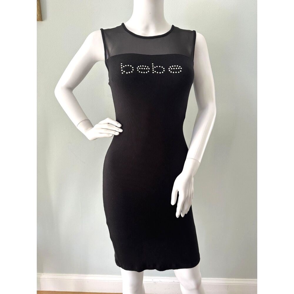 Y2k Style BEBE Black Illusion Rhinestone Logo Mcbling Bodycon Dress size XS